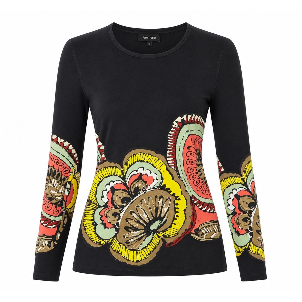 Karen Kane Womens Sheer Long Sleeve Floral Print Crew Neck Top Black Medium